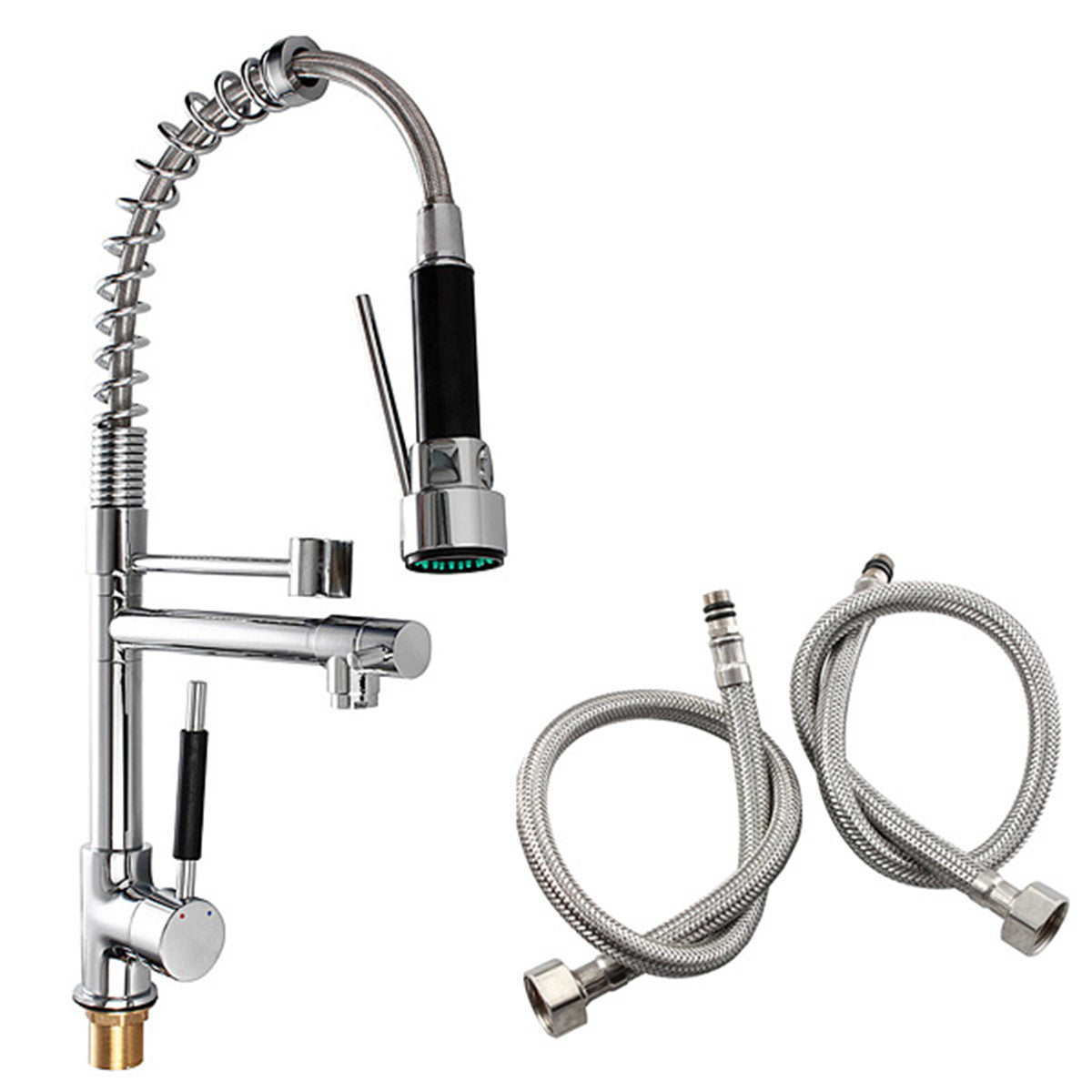 Kitchen Chrome Pull Out Side Spring Faucet Dual Spout Sprayer Single Handle Mixer Tap Sink Faucet 360 Rotation Deck Mounted - WELQUEEN
