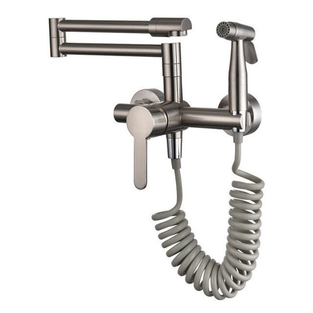 Foldable Kitchen Faucets Solid Brass Kitchen Sink Mixer Tap Hot & Cold Wall Mounted With Bidet Sprayer Rotating Sink Mixer - WELQUEEN