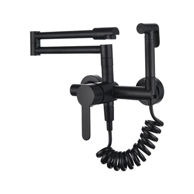 Foldable Kitchen Faucets Solid Brass Kitchen Sink Mixer Tap Hot & Cold Wall Mounted With Bidet Sprayer Rotating Sink Mixer - WELQUEEN