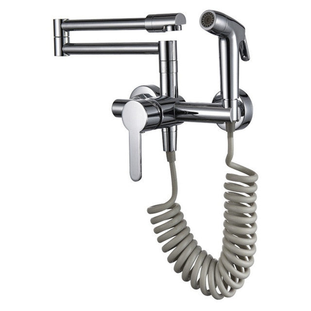 Foldable Kitchen Faucets Solid Brass Kitchen Sink Mixer Tap Hot & Cold Wall Mounted With Bidet Sprayer Rotating Sink Mixer - WELQUEEN