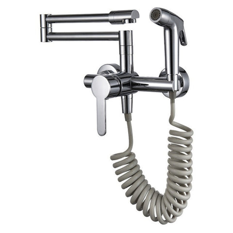 Foldable Kitchen Faucets Solid Brass Kitchen Sink Mixer Tap Hot & Cold Wall Mounted With Bidet Sprayer Rotating Sink Mixer - WELQUEEN