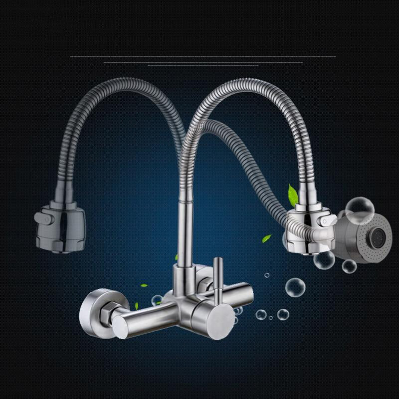Stainless Steel Wall Mounted Kitchen Faucet Wall Kitchen Mixers Kitchen Sink Tap 360 Degree Swivel Flexible Hose Double Holes - WELQUEEN