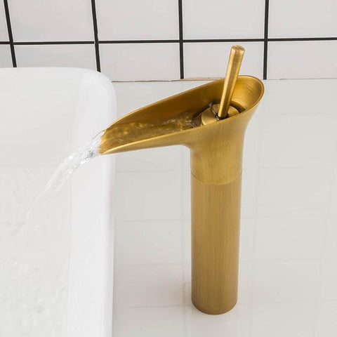 Deck-Mounted Basin Faucets Antique Brass Waterfall Basin Sink Faucet Mixers Taps Bathroom Water Taps - WELQUEEN