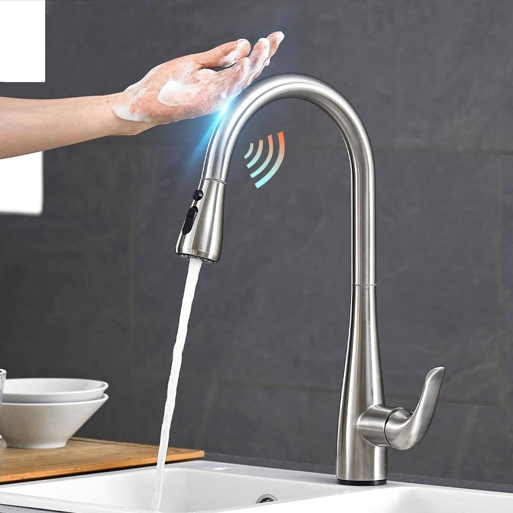 Pull Out Black Sensor Kitchen Faucets Stainless Steel Smart Induction Mixed Tap Touchless Control Sink Tap - WELQUEEN