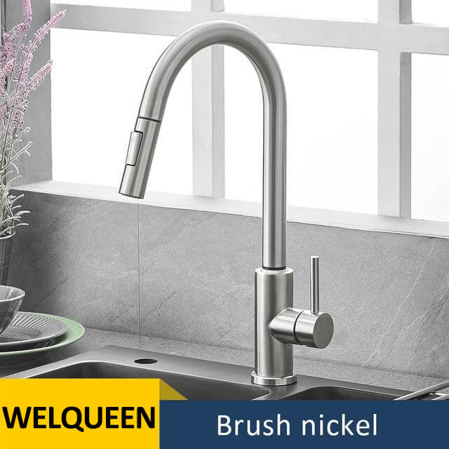 Kitchen Faucets Brass Pull-Out Faucet Cold&Hot Water Single Handle Single Hole Kitchen Mixer Tap Two Water Outlet Modes - WELQUEEN