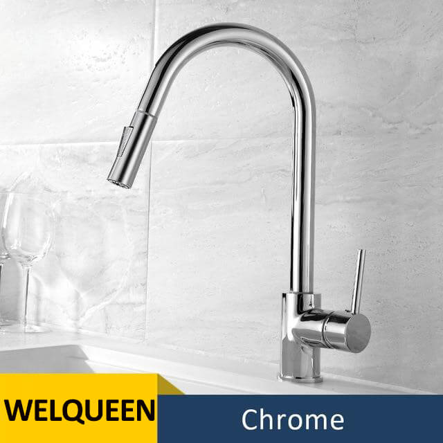 Kitchen Faucets Brass Pull-Out Faucet Cold&Hot Water Single Handle Single Hole Kitchen Mixer Tap Two Water Outlet Modes - WELQUEEN