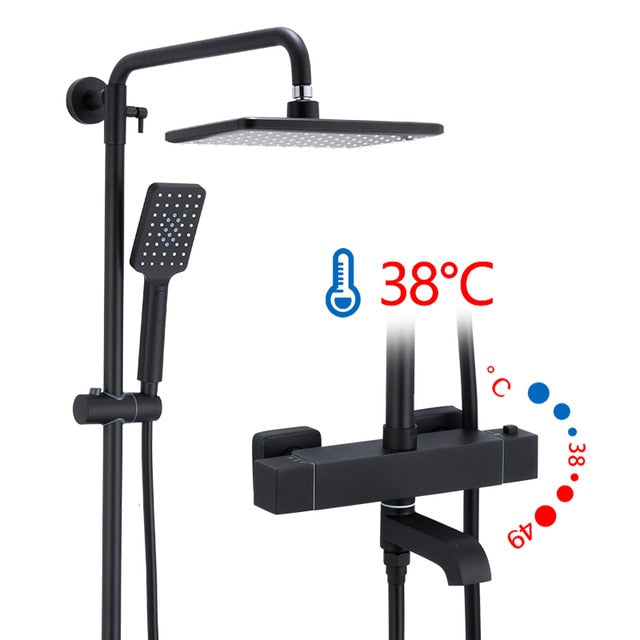 Black Shower Faucets Thermostatic Shower Column Set For Bathroom Mixer Waterfall Faucet Shower Thermostat Tap Rainfall Shower - WELQUEEN