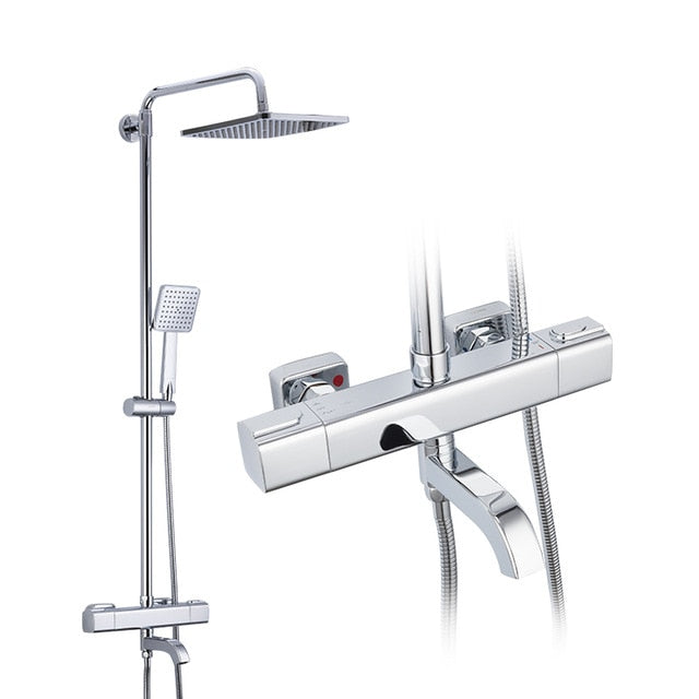 Black Shower Faucets Thermostatic Shower Column Set For Bathroom Mixer Waterfall Faucet Shower Thermostat Tap Rainfall Shower - WELQUEEN
