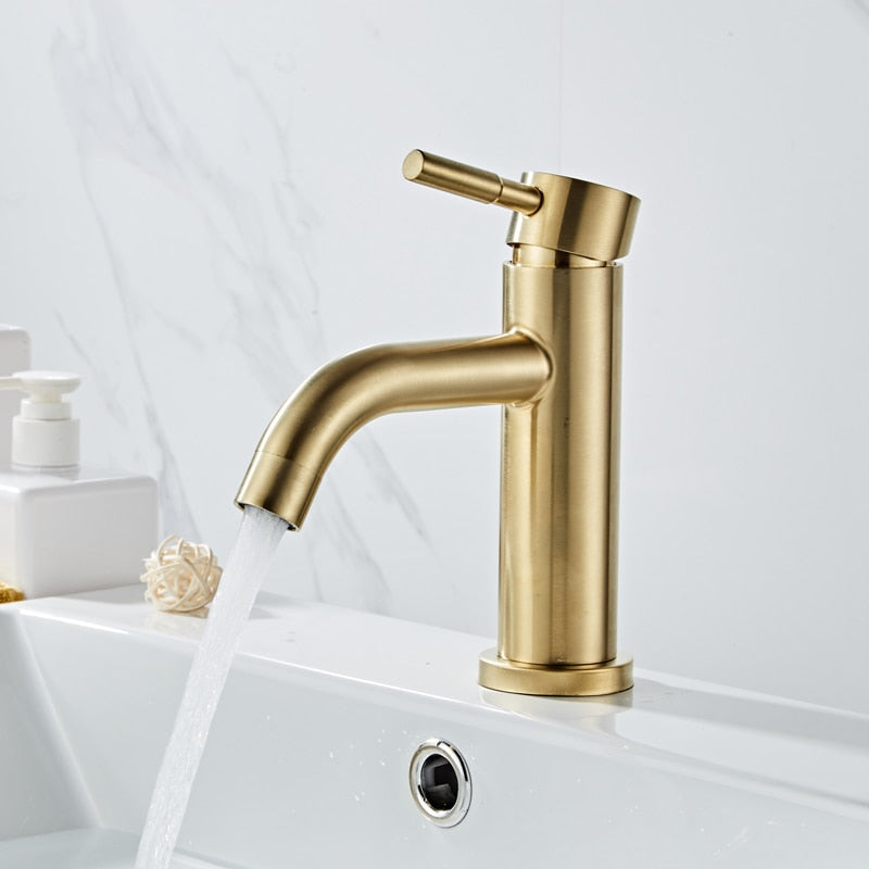 Bathroom Faucet Solid Brass Bathroom Basin Faucet Cold And Hot Water Mixer Sink Tap Single Handle Deck Mounted Brushed Gold Tap - WELQUEEN