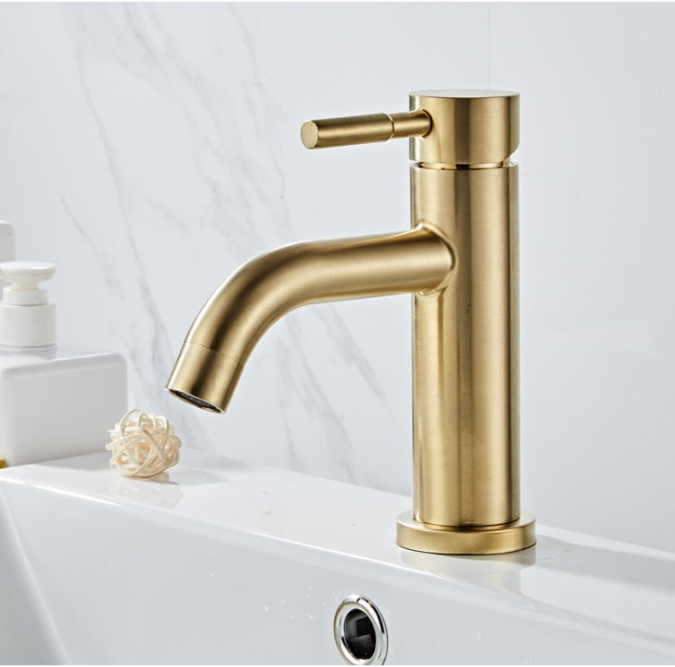 Bathroom Faucet Solid Brass Bathroom Basin Faucet Cold And Hot Water Mixer Sink Tap Single Handle Deck Mounted Brushed Gold Tap - WELQUEEN