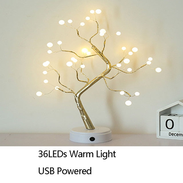 Night Light Home Decoration Bonsai Style Party Cherry Tree Shape LED Light DIY Firework Christmas Gift Plants Switch Copper - WELQUEEN