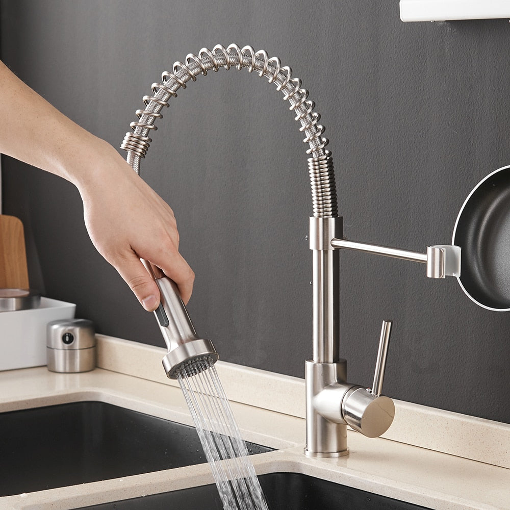Kitchen Faucets Brush Brass Faucets for Kitchen Sink Single Lever Pull Out Spring Spout Mixers Tap Hot Cold Water Taps - WELQUEEN