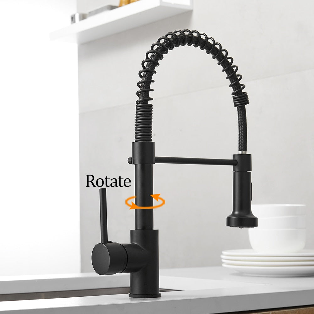 Kitchen Faucets Brush Brass Faucets for Kitchen Sink Single Lever Pull Out Spring Spout Mixers Tap Hot Cold Water Taps - WELQUEEN