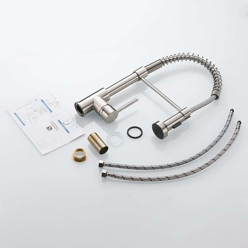Kitchen Faucets Brush Brass Faucets for Kitchen Sink Single Lever Pull Out Spring Spout Mixers Tap Hot Cold Water Taps - WELQUEEN