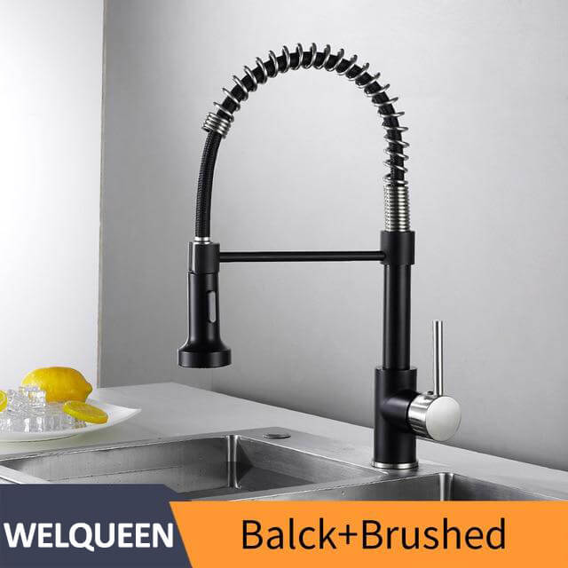 Kitchen Faucets Brush Brass Faucets for Kitchen Sink Single Lever Pull Out Spring Spout Mixers Tap Hot Cold Water Taps - WELQUEEN