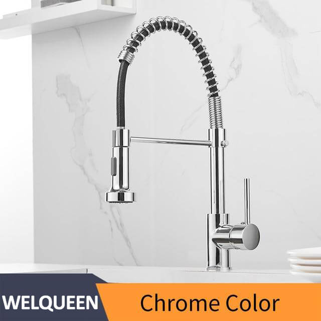 Kitchen Faucets Brush Brass Faucets for Kitchen Sink Single Lever Pull Out Spring Spout Mixers Tap Hot Cold Water Taps - WELQUEEN