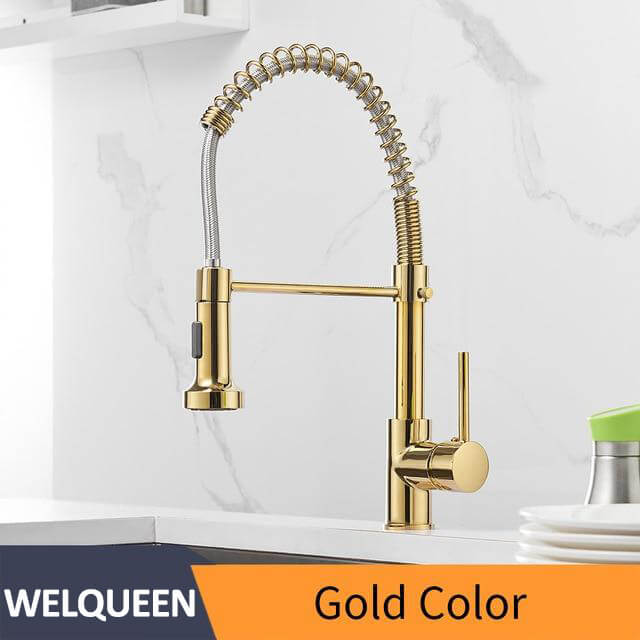 Kitchen Faucets Brush Brass Faucets for Kitchen Sink Single Lever Pull Out Spring Spout Mixers Tap Hot Cold Water Taps - WELQUEEN