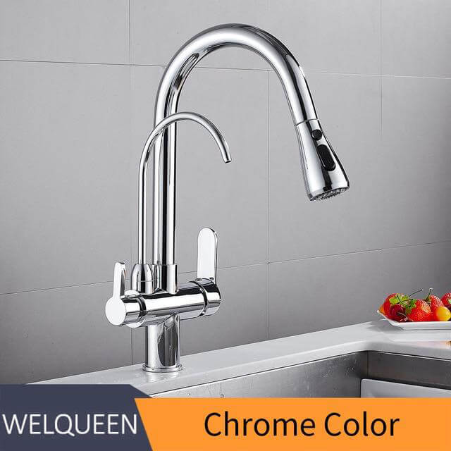 Pull Out Kitchen Faucets With Water Filter Tap Three Ways Brass Sink Mixer Kitchen Faucet Dual Handles - WELQUEEN