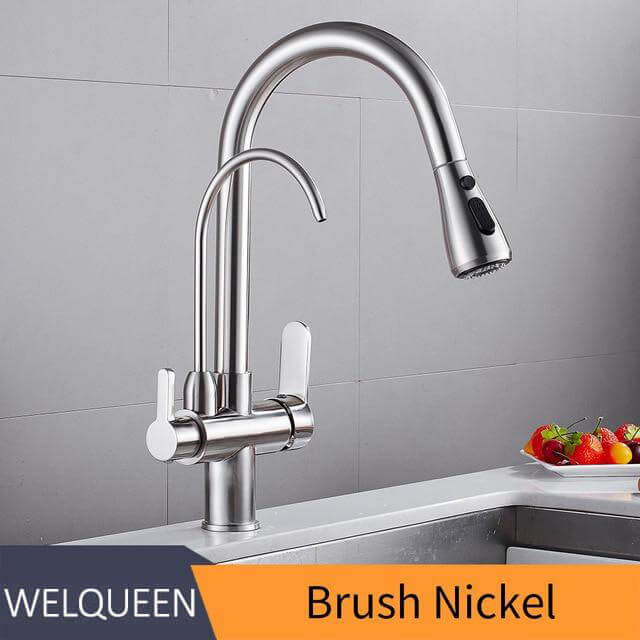 Pull Out Kitchen Faucets With Water Filter Tap Three Ways Brass Sink Mixer Kitchen Faucet Dual Handles - WELQUEEN