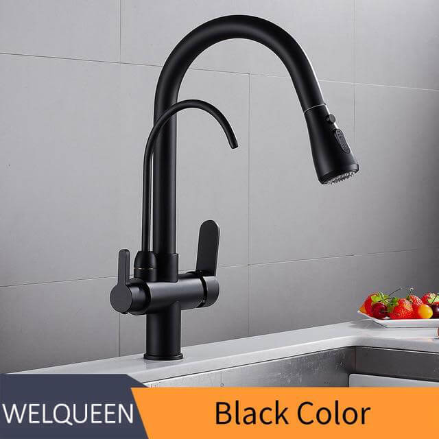 Pull Out Kitchen Faucets With Water Filter Tap Three Ways Brass Sink Mixer Kitchen Faucet Dual Handles - WELQUEEN
