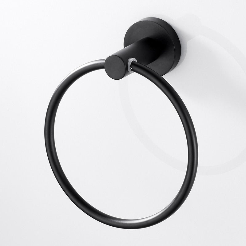 Black Towel Holder Ring | Round Wall Mounted Bathing Towel Rack Stainless Steel Kitchen Bathroom Accessories - WELQUEEN