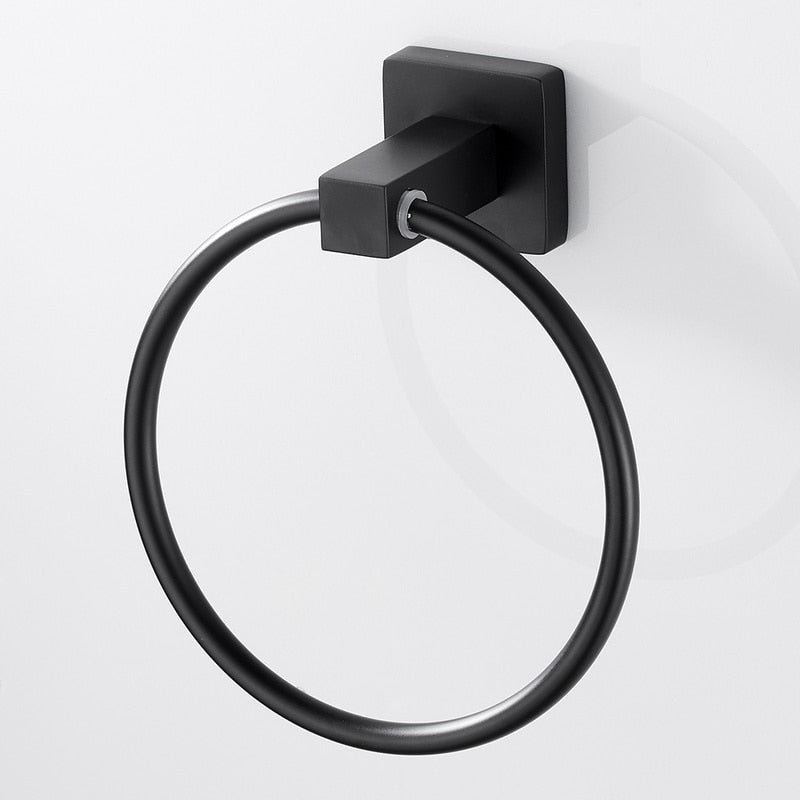 Black Towel Holder Ring | Round Wall Mounted Bathing Towel Rack Stainless Steel Kitchen Bathroom Accessories - WELQUEEN