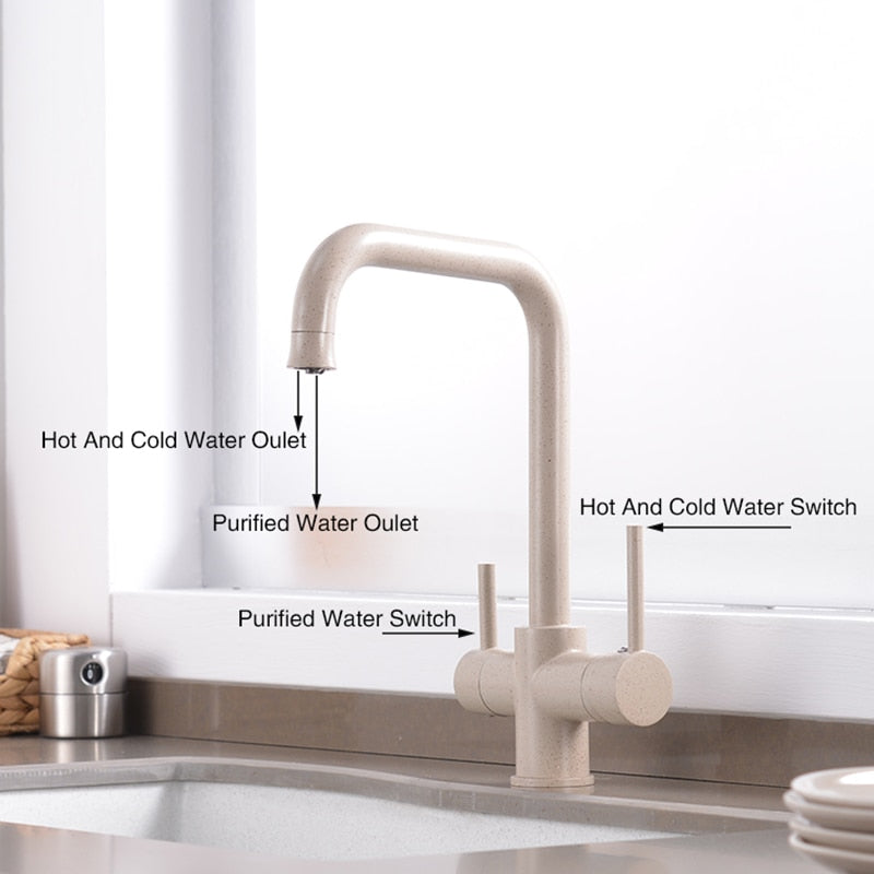360 Degree Rotation Brass Drinking Filtered Water Kitchen Faucet Brass Single Hole Kitchen Faucet Dual Handle Kitchen Sink Tap - WELQUEEN