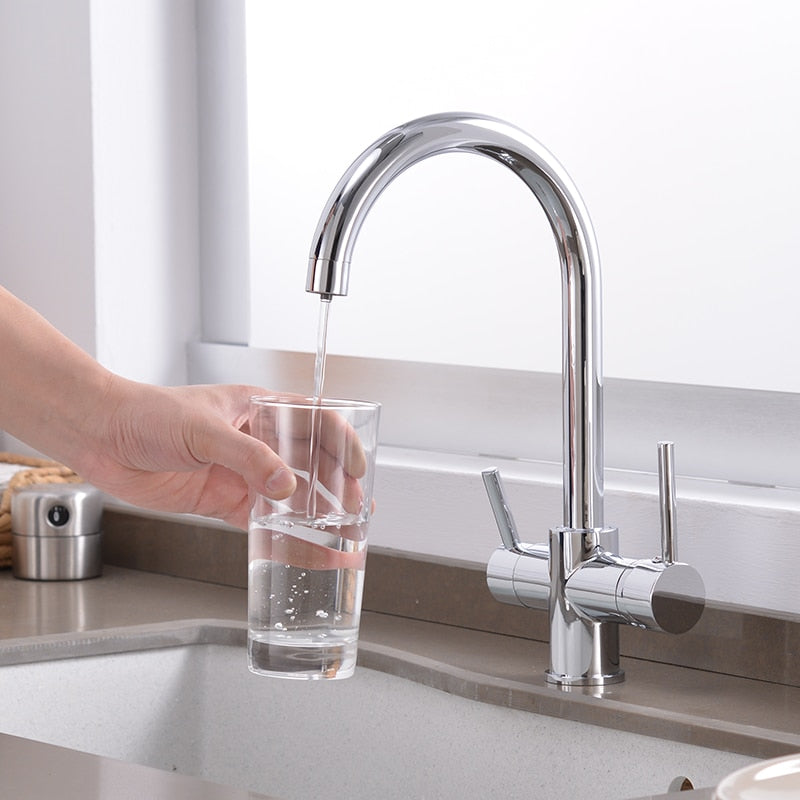 360 Degree Rotation Brass Drinking Filtered Water Kitchen Faucet Brass Single Hole Kitchen Faucet Dual Handle Kitchen Sink Tap - WELQUEEN