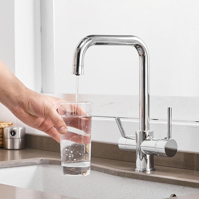 360 Degree Rotation Brass Drinking Filtered Water Kitchen Faucet Brass Single Hole Kitchen Faucet Dual Handle Kitchen Sink Tap - WELQUEEN