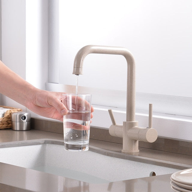 360 Degree Rotation Brass Drinking Filtered Water Kitchen Faucet Brass Single Hole Kitchen Faucet Dual Handle Kitchen Sink Tap - WELQUEEN