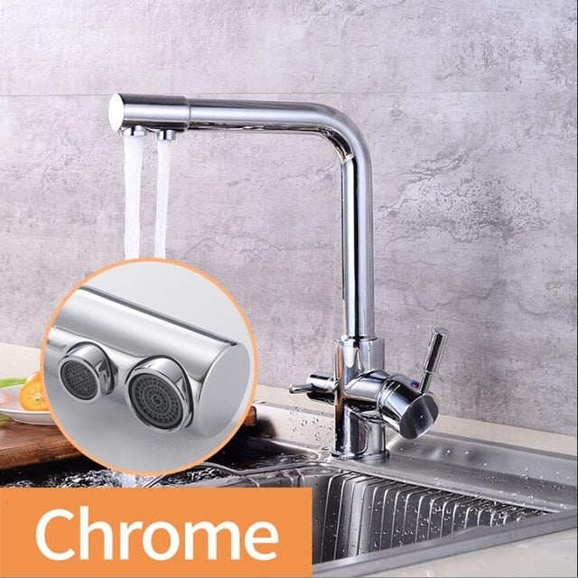 360 Degree Rotation Brass Drinking Filtered Water Kitchen Faucet Brass Single Hole Kitchen Faucet Dual Handle Kitchen Sink Tap - WELQUEEN
