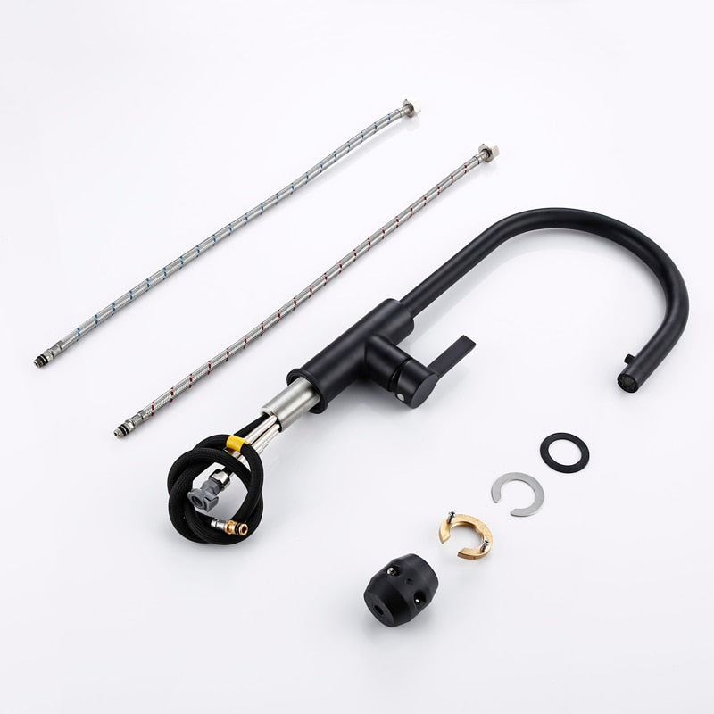 New Arrival Kitchen Faucet Swivel With Invisible Pull Out Nozzle Sprayer Gooseneck Pull Down Mixer Sink Tap in Matt Black - WELQUEEN