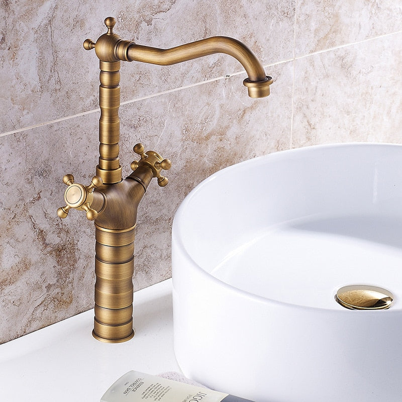 Antique Faucet Bronze Copper Double Handle Swivel Spout Bathroom Faucets Retro Style Brass Tall Basin Mixer Tap High Sink Crane - WELQUEEN