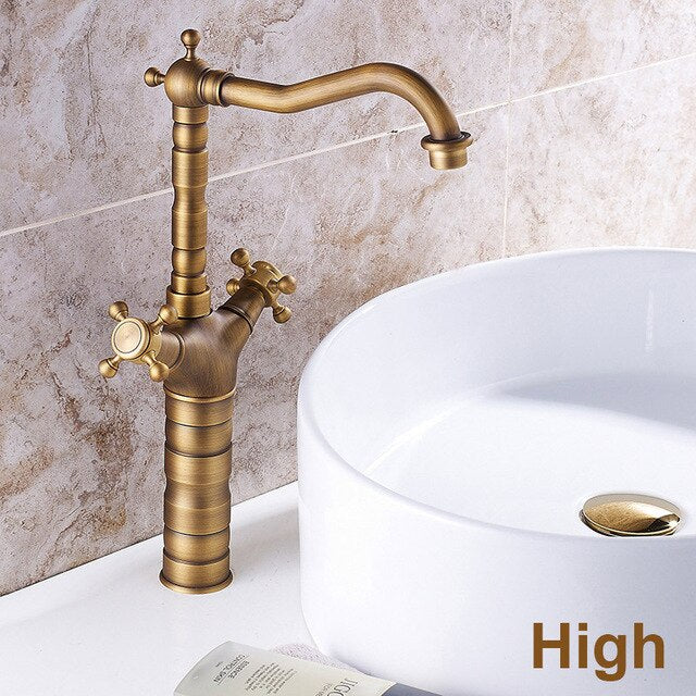 Antique Faucet Bronze Copper Double Handle Swivel Spout Bathroom Faucets Retro Style Brass Tall Basin Mixer Tap High Sink Crane - WELQUEEN