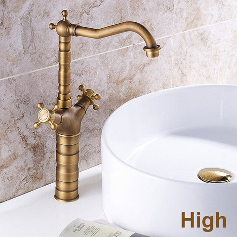 Antique Faucet Bronze Copper Double Handle Swivel Spout Bathroom Faucets Retro Style Brass Tall Basin Mixer Tap High Sink Crane - WELQUEEN