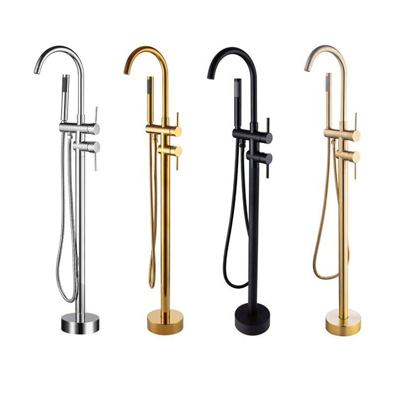 Brushed Gold Floor Stand Bathtub Faucet Black | Bathroom Freestanding Bathtub Faucet - WELQUEEN