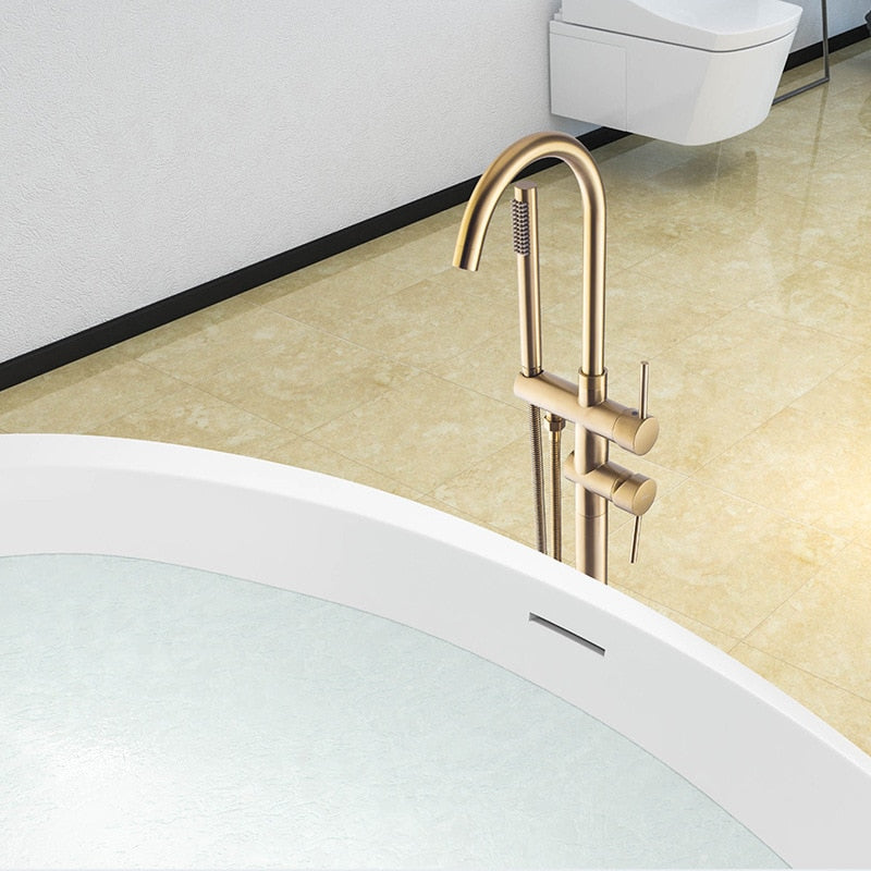 Brushed Gold Floor Stand Bathtub Faucet Black | Bathroom Freestanding Bathtub Faucet - WELQUEEN