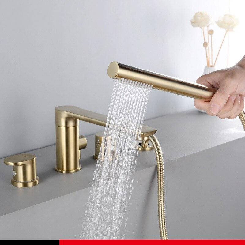 Brush Gold Deck Mount Roman Tub and Shower Trim Kit with Single-Spray Shower Head 3&4 Hole Bathroom Waterfall Bathtub Faucet - WELQUEEN