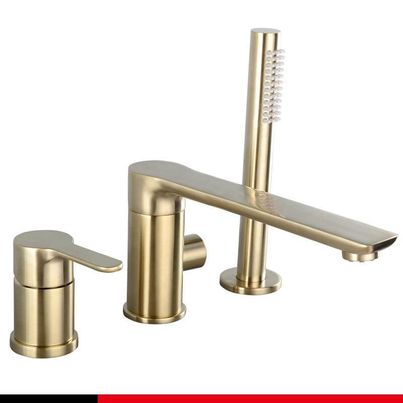 Brush Gold Deck Mount Roman Tub and Shower Trim Kit with Single-Spray Shower Head 3&4 Hole Bathroom Waterfall Bathtub Faucet - WELQUEEN