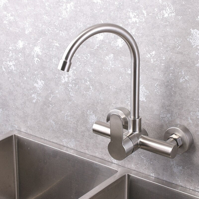 Wall mounted black kitchen faucet single handle double holes hot and cold water faucets - WELQUEEN HOME DECOR