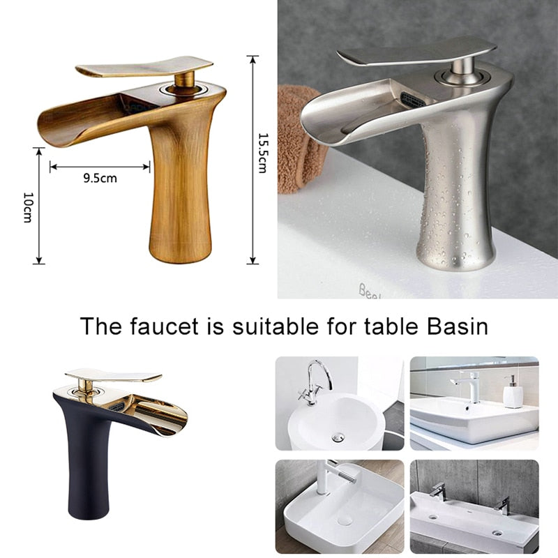 Waterfall Bathroom Basin Sink Faucets Hot Cold Tap Deck Mounted Water Mixer Crane Antique Bronze Chrome Finished - WELQUEEN