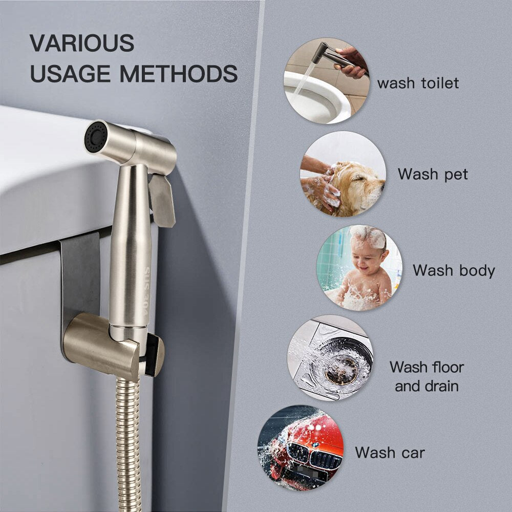 Handheld Toilet Bidet Faucet Sprayer Stainless Steel Bathroom Hand Bidet Spraye Set Toilet Self Cleaning Shower Head No Punch - WELQUEEN