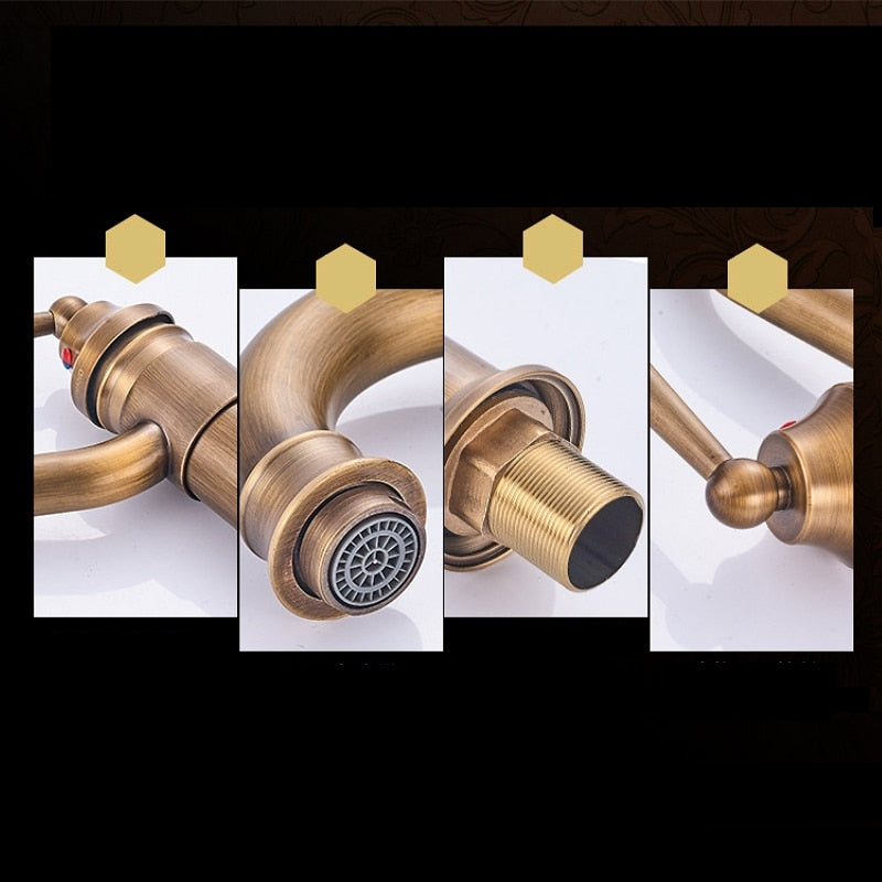 Antique Copper Bathroom Basin Faucet Europe Classic Style Cold And Hot Water Mixer Tap Sink Faucet Deck Mounted Single Handle - WELQUEEN