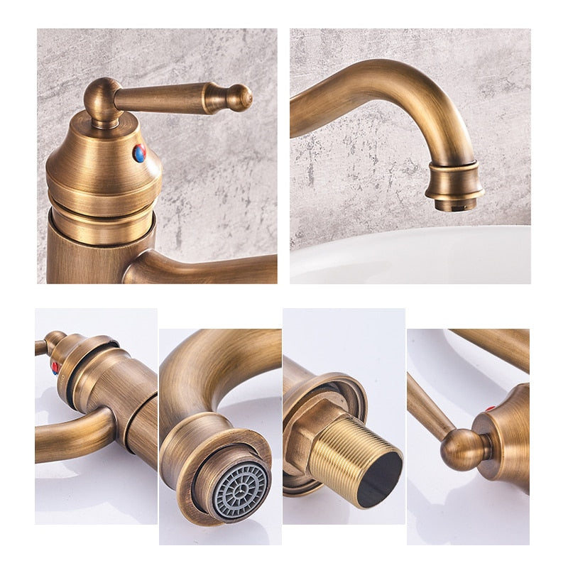 Antique Copper Bathroom Basin Faucet Europe Classic Style Cold And Hot Water Mixer Tap Sink Faucet Deck Mounted Single Handle - WELQUEEN