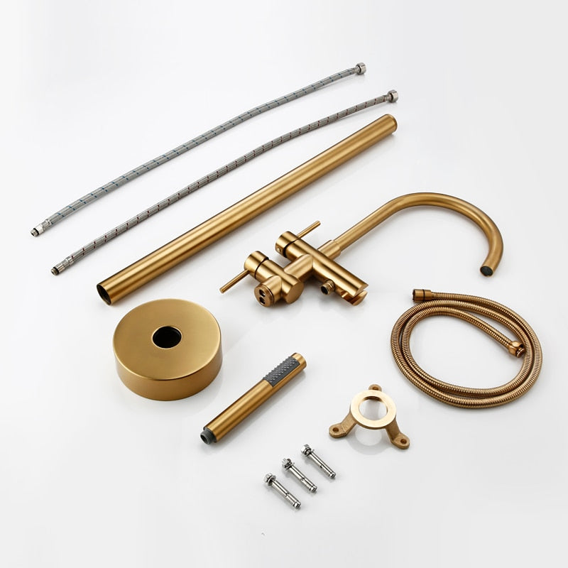 Round Brushed Old Gold Bathtub Mixer Taps High Rise Round Freestanding Spout Shower Faucet Bath Mixer Tap Floor Mounted - WELQUEEN HOME DECOR