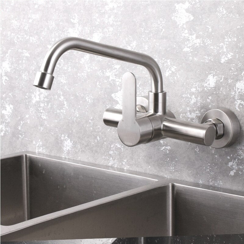 Wall mounted black kitchen faucet single handle double holes hot and cold water faucets - WELQUEEN HOME DECOR