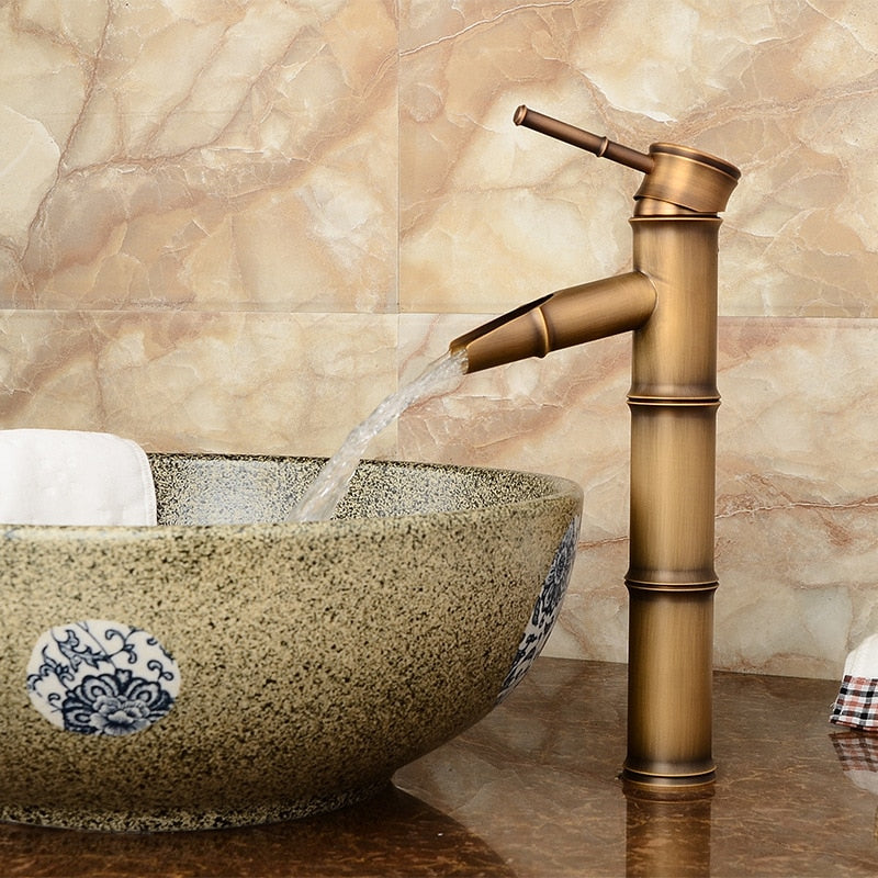 Bathroom Basin Faucet Antique Brass Bamboo Shape Faucet Bronze Finish Sink Faucet Single Handle Hot and Cold Water Mixer Tap - WELQUEEN