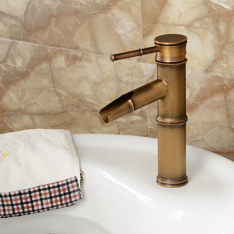 Bathroom Basin Faucet Antique Brass Bamboo Shape Faucet Bronze Finish Sink Faucet Single Handle Hot and Cold Water Mixer Tap - WELQUEEN
