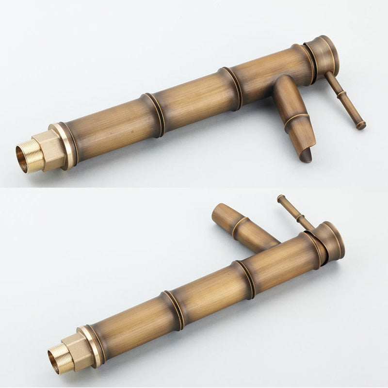 Bathroom Basin Faucet Antique Brass Bamboo Shape Faucet Bronze Finish Sink Faucet Single Handle Hot and Cold Water Mixer Tap - WELQUEEN
