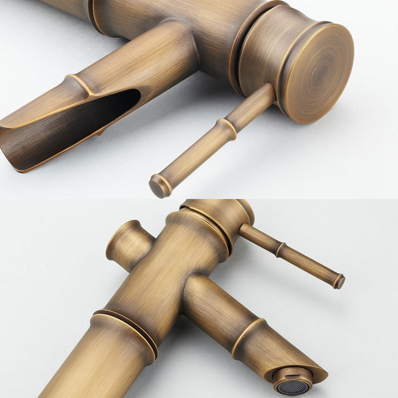 Bathroom Basin Faucet Antique Brass Bamboo Shape Faucet Bronze Finish Sink Faucet Single Handle Hot and Cold Water Mixer Tap - WELQUEEN